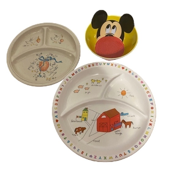 Vintage Divided Melamine Geese Kids Plate Bowl Disney Mickey Mouse Farm Anacapa - Picture 1 of 5